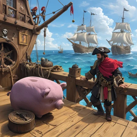 Boopig sails the seven sees, purple plush, pirates, booty, eyepatch, beard, treasure, cannon balls, multiple small boopig pirates, on a wooden pirate ship, from side, illustration, style of magic realism style, adventurous, happy, fun, majestic, masterpiece