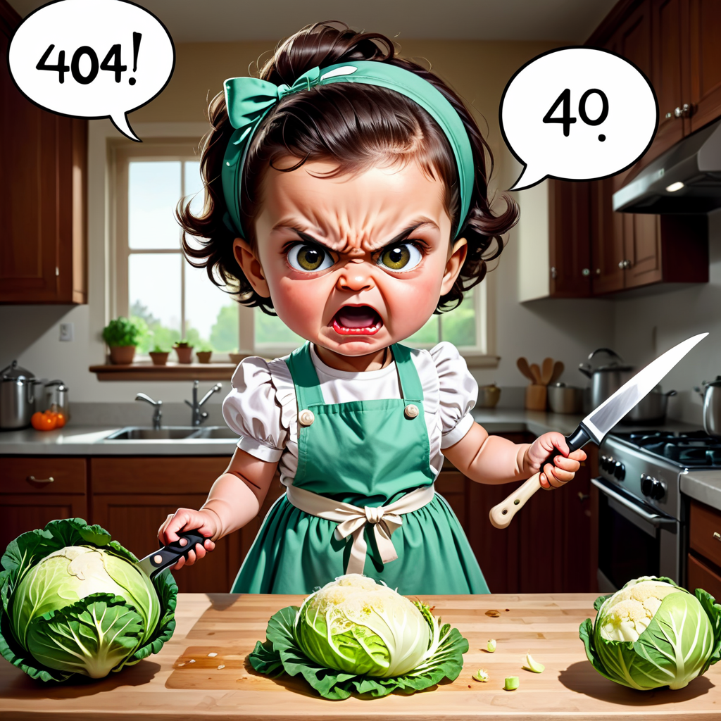 Baby girl,  4 yo,  dressed as housewife,  apron,  angry kitchen,  big knife furiously attacks a head of cabbage,  Comic strip speech bubble "404"
Negative prompt: negativeXL_D 3d,    closed eyes,   book,    typo,   low quality,   plastic,   2 heads,   2 faces,   tiling,   poorly drawn,   ugly,   poorly drawn face,   extra arms,   extra legs,   ugly,   bad anatomy
Steps: 30, Sampler: Euler, CFG scale: 8.0, Seed: 2188288091, Size: 1024x1024, Model: starlightAnimated_v3-5, Denoising strength: 0, Clip skip: 2, Style Selector Enabled: True, Style Selector Randomize: False, Style Selector Style: base, TI hashes: "negativeXL_D, negativeXL_D", Version: v1.6.0.82-2-g43c698d, TaskID: 661496135491314204
Used Embeddings: "negativeXL_D, negativeXL_D"