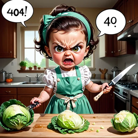 Baby girl, 4 yo, dressed as housewife, apron, angry kitchen, big knife furiously attacks a head of cabbage, Comic strip speech bubble "404"
Negative prompt: negativeXL_D 3d, closed eyes, book, typo, low quality, plastic, 2 heads, 2 faces, tiling, poorly drawn, ugly, poorly drawn face, extra arms, extra legs, ugly, bad anatomy
Steps: 30, Sampler: Euler, CFG scale: 8.0, Seed: 2188288091, Size: 1024x1024, Model: starlightAnimated_v3-5, Denoising strength: 0, Clip skip: 2, Style Selector Enabled: True, Style Selector Randomize: False, Style Selector Style: base, TI hashes: "negativeXL_D, negativeXL_D", Version: v1.6.0.82-2-g43c698d, TaskID: 661496135491314204
Used Embeddings: "negativeXL_D, negativeXL_D"