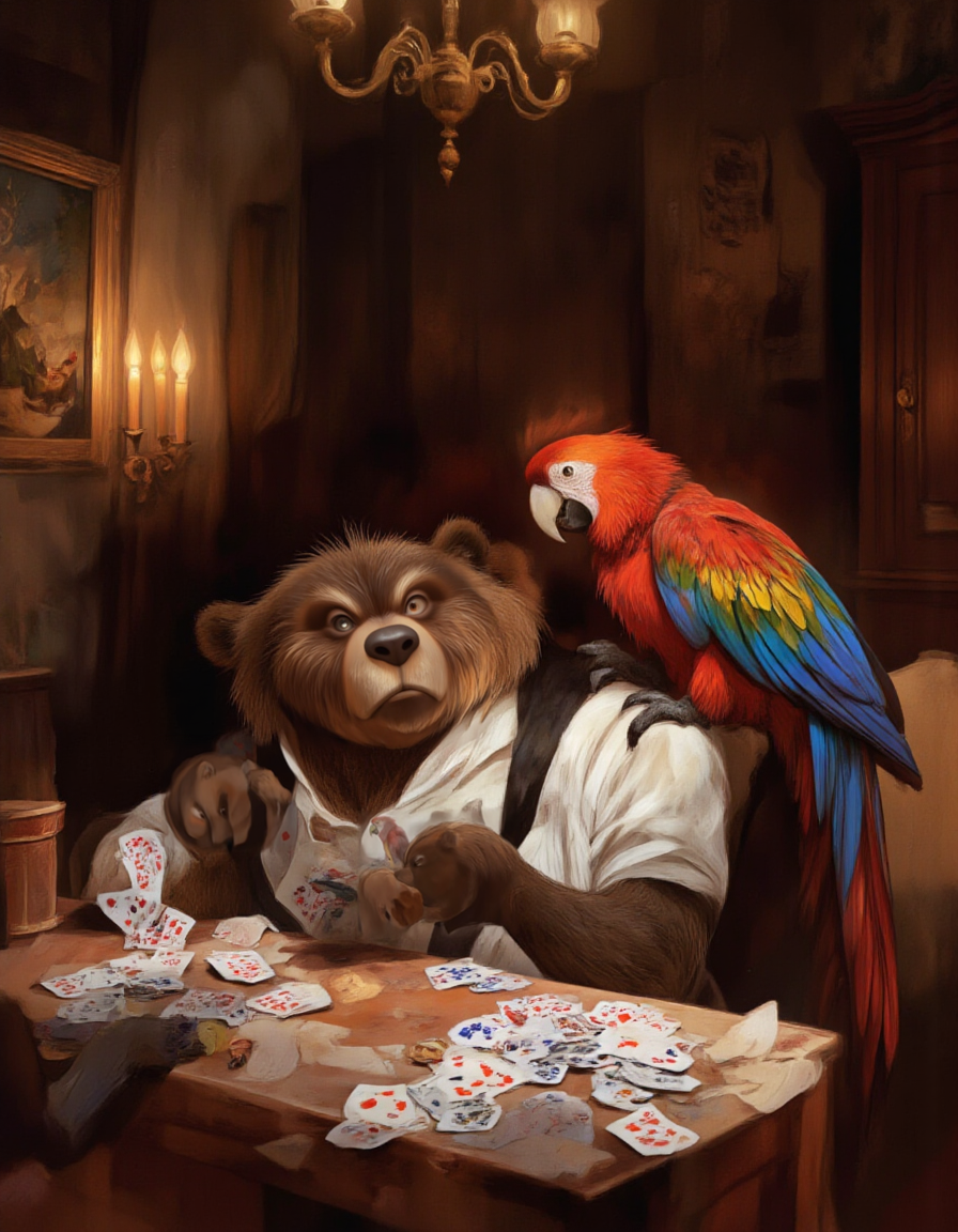 <lora:chizhic:1>, This is a detailed, digital illustration depicting a whimsical scene in a cozy, dimly lit room. The central focus is a bear and a parrot sitting at a wooden table. The bear, with a dark brown coat and expressive, gentle eyes, is holding a deck of playing cards in its paws. The parrot, with vibrant red, blue, and yellow feathers, is perched on the bear's right shoulder. Both characters are anthropomorphized, giving them human-like expressions and postures.
The bear is dressed in a white shirt with a black collar, adding a touch of realism to its appearance. The parrot's feathers are meticulously detailed, showing individual feathers and their natural texture. The table is cluttered with playing cards, including a spread of cards in the bear's hands and a pile of cards in front of them. 
The background features warm, earthy tones, with a wooden cabinet on the right and a chandelier with lit candles hanging from the ceiling, casting a soft, golden glow. A painting in a gold frame is partially visible on the left wall, adding a touch of elegance to the scene. The overall style is a blend of realism and fantasy, creating a charming and whimsical atmosphere.