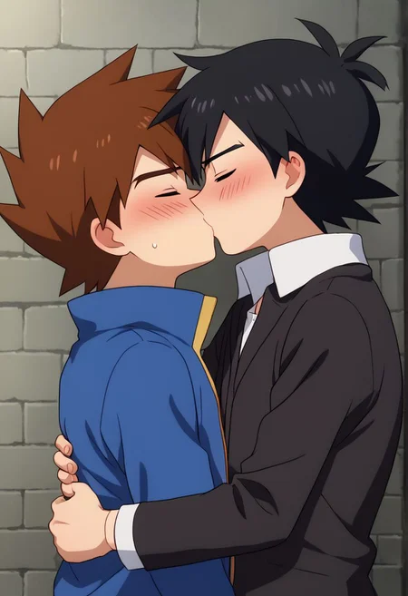 source_anime, highly detailed, 2boys, skinny ash3, 1boy, male focus, black hair, jacket, shirt, black shirt, BREAK gary_j, 1boy, brown hair, short hair, BREAK outdoor, upper body, hug, blush, shy, kiss, closed eyes,