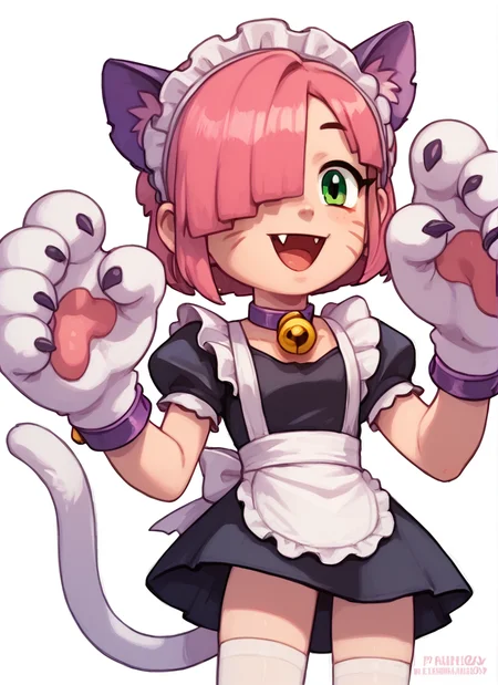 score_9, score_8_up, score_7_up , <lora:pawlette:1> 1girl, human , pawlette ,animal ears, cat tail , pink hair, hair over one eye, maid headdress, bracelet ,necklace, neck bell, maid, short dress, White Stockings , paw gloves,solo , <lora:PossumMachine:1>posmach , smile , open mouth, ,fang