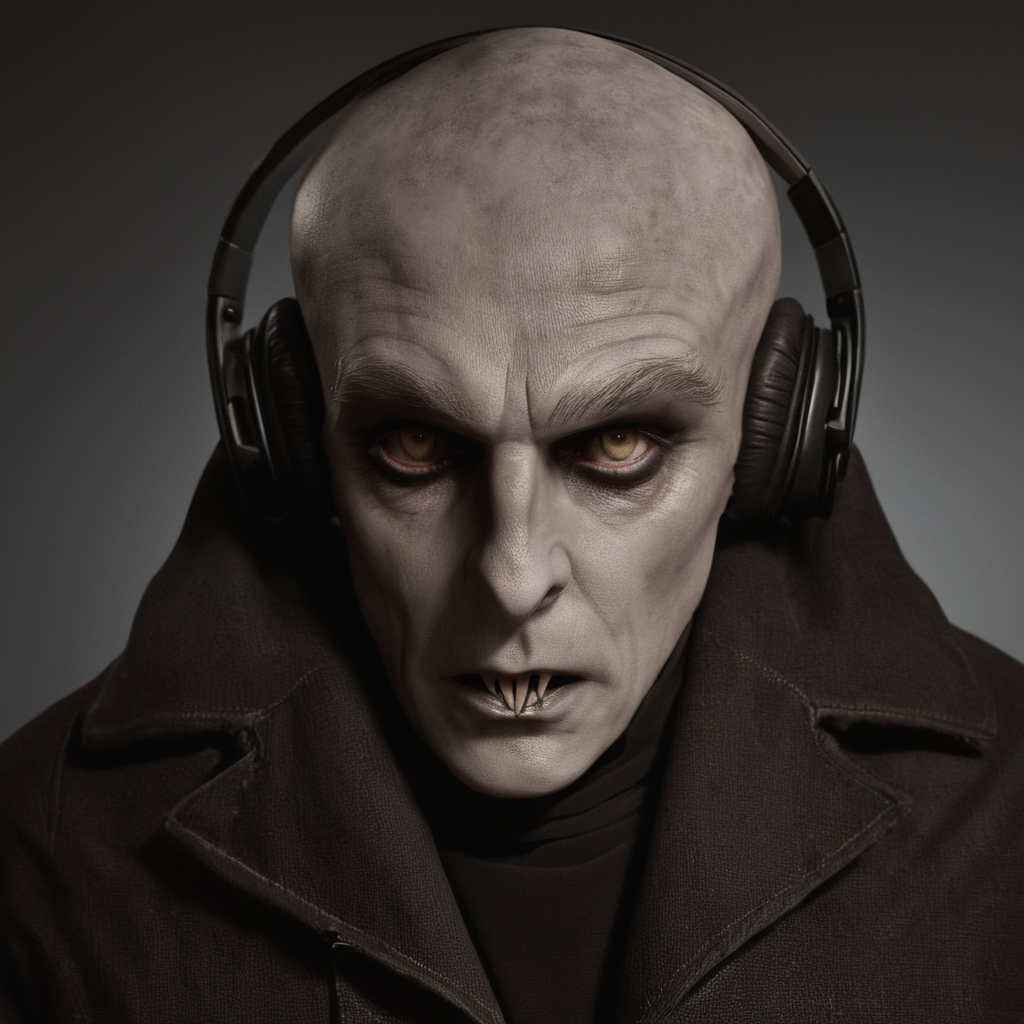 cinematic film still of  <lora:Nosferatu:1>
Nosferatu a man with headphones on wearing a jacket,solo,looking at viewer,1boy,monochrome,male focus,teeth,facial hair,headphones,portrait,realistic,bald,sepia,brown theme , Count Orlok, bald head, white skin, pale skin, vampire, realistic, realism, photorealism, hyperrealism, hyperrealistic, realistic, sharp, detailed, cinematography style, film light style, movie still,  professional photography, artistic, perfection, contrast, cinematic, filmic, high quality photo,  8k quality, colorful, photography style, horror style, shallow depth of field, vignette, highly detailed, high budget, bokeh, cinemascope, moody, epic, gorgeous, film grain, grainy