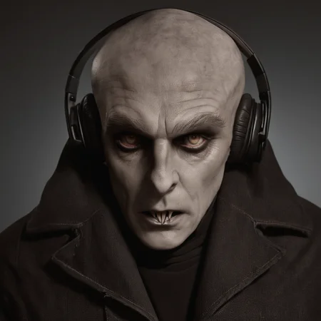 cinematic film still of <lora:Nosferatu:1>
Nosferatu a man with headphones on wearing a jacket,solo,looking at viewer,1boy,monochrome,male focus,teeth,facial hair,headphones,portrait,realistic,bald,sepia,brown theme , Count Orlok, bald head, white skin, pale skin, vampire, realistic, realism, photorealism, hyperrealism, hyperrealistic, realistic, sharp, detailed, cinematography style, film light style, movie still, professional photography, artistic, perfection, contrast, cinematic, filmic, high quality photo, 8k quality, colorful, photography style, horror style, shallow depth of field, vignette, highly detailed, high budget, bokeh, cinemascope, moody, epic, gorgeous, film grain, grainy