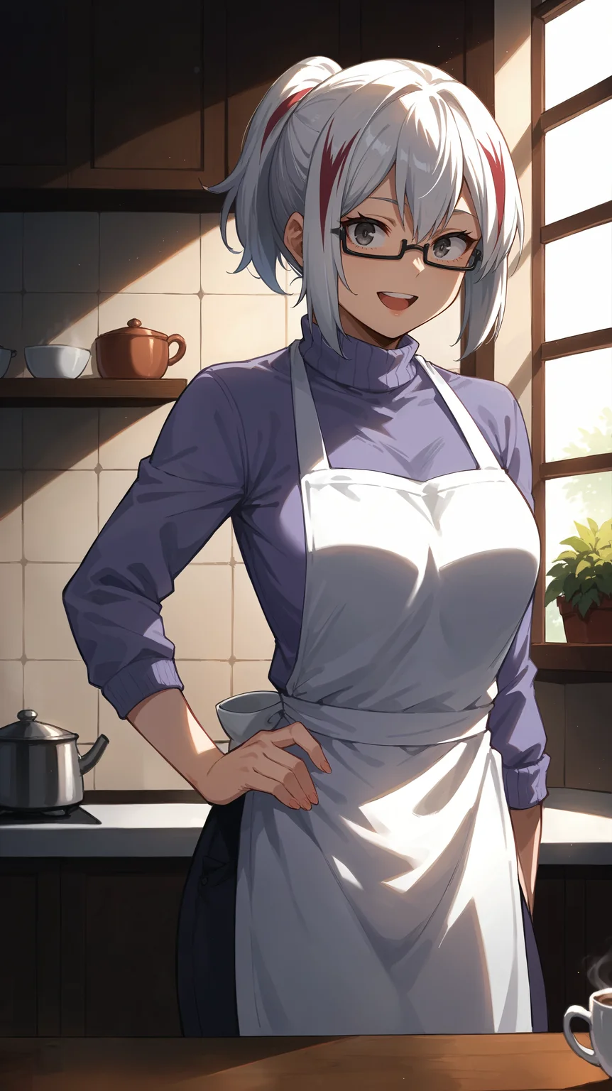 score_9,score_8_up,score_7_up,score_6_up, <lora:xl_more_art-full_v1:0.5>, source_anime, girl, dynamic pose, standing with hand on her hip, <lora:Fuyumi Todoroki - Pony-000004:0.8>, white hair, streaked hair, red streaks, multicolored hair, black glasses, grey eyes, short ponytail, purple sweater, apron, kitchen, morning lighting, early morning, coffee, happy, white apron, soft lighting, window,