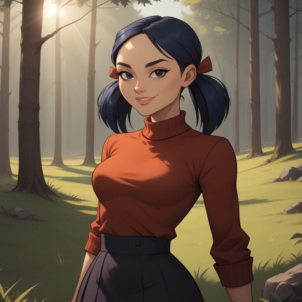 score_9, score_8, BREAK, solo, red sweater, 1girl, white undershirt, black skirt, navy blue hair, black eyes, lips, twintails, breasts, total drama, Kitty_(\Total_Drama\), tdtrr, cute, sexy pose, smile, outdoors, sunlight, shadows, evening lighting, natural lighting, forest, trees, grass, orange sky, sunset