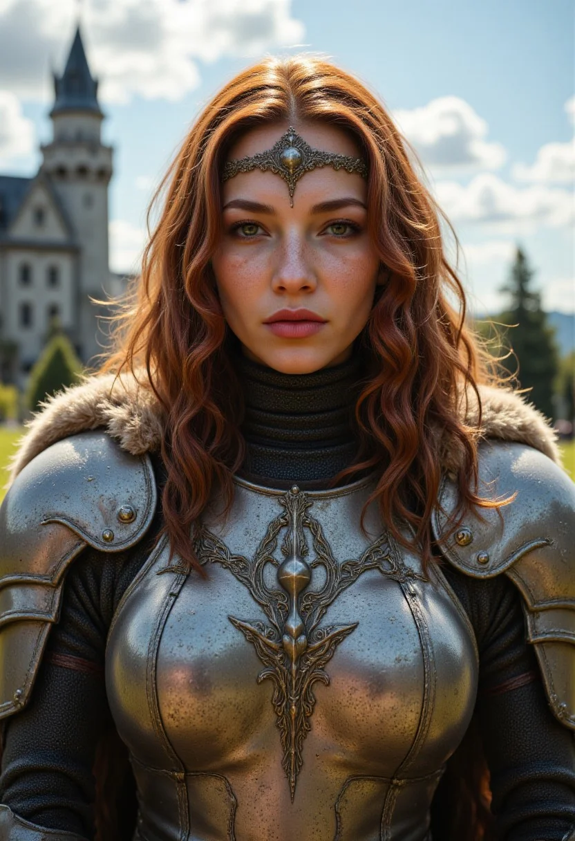 R3alisticF, aidmarealisticskin, aidmaHyperrealism, an upper body portrait of a female knight character. Her striking look is pointed at the viewer. She has long, slightly curly red hair falling into her shoulders. She is wearing a full plate armor of an intricate design with fur lining and a tiara. The background is a fantasy castle on a bright sunny day.