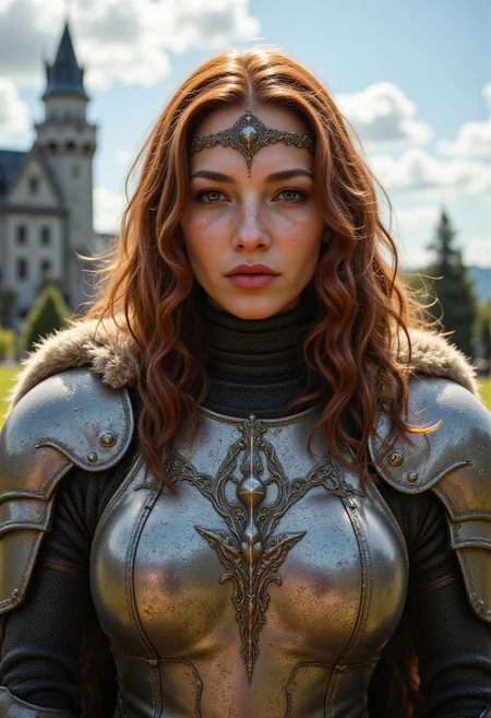 R3alisticF, aidmarealisticskin, aidmaHyperrealism, an upper body portrait of a female knight character. Her striking look is pointed at the viewer. She has long, slightly curly red hair falling into her shoulders. She is wearing a full plate armor of an intricate design with fur lining and a tiara. The background is a fantasy castle on a bright sunny day.