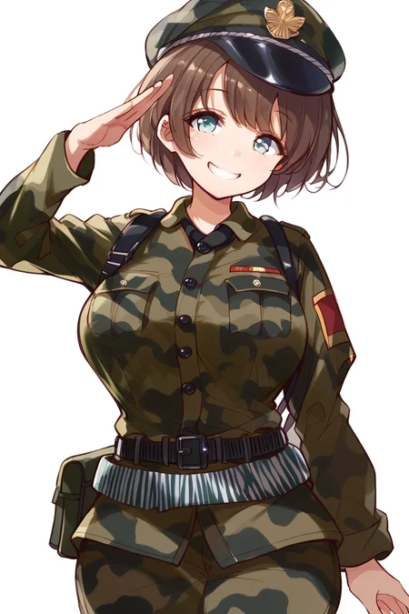 score_9, score_8_up, score_7_up, score_6_up, 
 <lora:Marost:1> marost, 1girl, salute, solo, camouflage, brown hair, military, hat, uniform, military uniform, short hair, white background, smile, breasts, belt