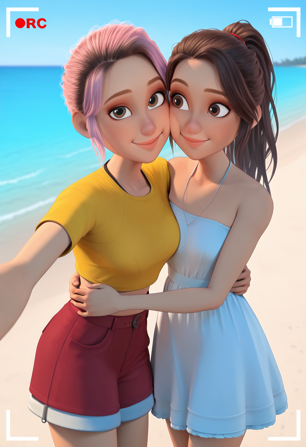 masterpiece, best quality, 2girls, <lora:Yasmina [Illustrious] Jurassic World Camp Cretaceous:1>, yaz, brown hair, brown eyes, long hair, ponytail, hair tie, sundress, white dress, strapless dress, outdoors, sunlight, shore, <lora:Brooklynn [Illustrious] - Jurassic World Camp Cretaceous:1> Br00klynn, short hair, pink hair, yellow shirt, crop top, red skirt, frilled skirt, hug, side-by-side, smile, selfie, cheek press, viewfinder,