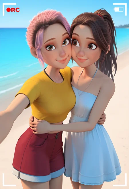 masterpiece, best quality, 2girls, <lora:Yasmina [Illustrious] Jurassic World Camp Cretaceous:1>, yaz, brown hair, brown eyes, long hair, ponytail, hair tie, sundress, white dress, strapless dress, outdoors, sunlight, shore, <lora:Brooklynn [Illustrious] - Jurassic World Camp Cretaceous:1> Br00klynn, short hair, pink hair, yellow shirt, crop top, red skirt, frilled skirt, hug, side-by-side, smile, selfie, cheek press, viewfinder,