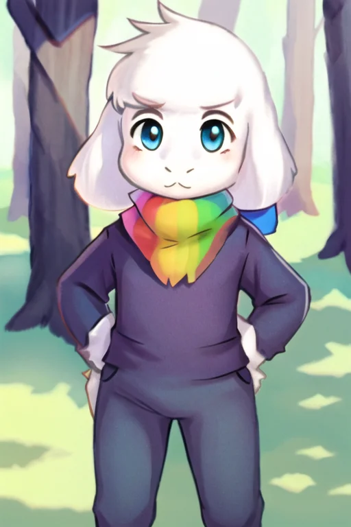 <lora:ssasriel:1>, scarf, anthro, white_hair, t-shirt, solo, sit, under, tree