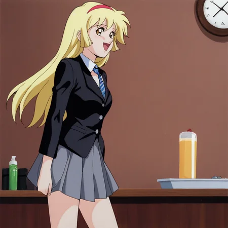 <lora:CutieHoney_pony_v1:.8> Honey, 1girl, blonde hair, retro artstyle, long hair, hairband, jewelry,  1980s (style), 1990s (style), cowboy shot,  <lora:1014 Home wear 32_v1_pony:1> uanyi1014,black jacket,grey skirt,grey vest,pleated skirt,striped necktie,clasp,