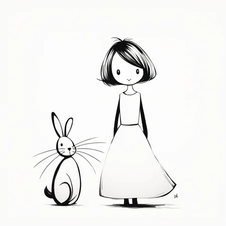 <lora:xiaohua:0.9>,xh,1girl,monochrome,greyscale,dress,short hair,white background,simple background,whiskers,swept bangs,rabbit,._.,standing,looking at viewer,full body,holding,sleeveless,bangs,bob cut,smile,solo,sleeveless dress,
