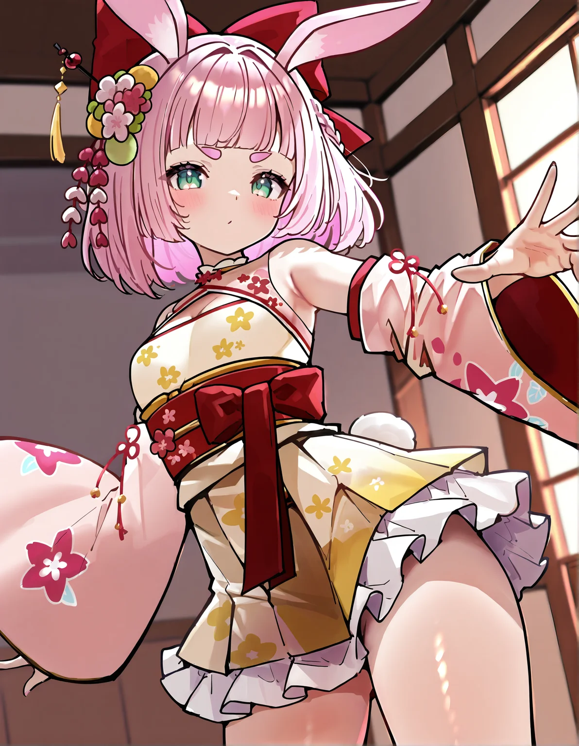 masterpiece, perfect quality, best quality, absolutely eye-catching, absurdres, highres, newest, indoors, <lora:unosakuraillustriousXL:1>, 1girl, unosakurany, solo, small breasts, cowboy shot, dynamic pose,