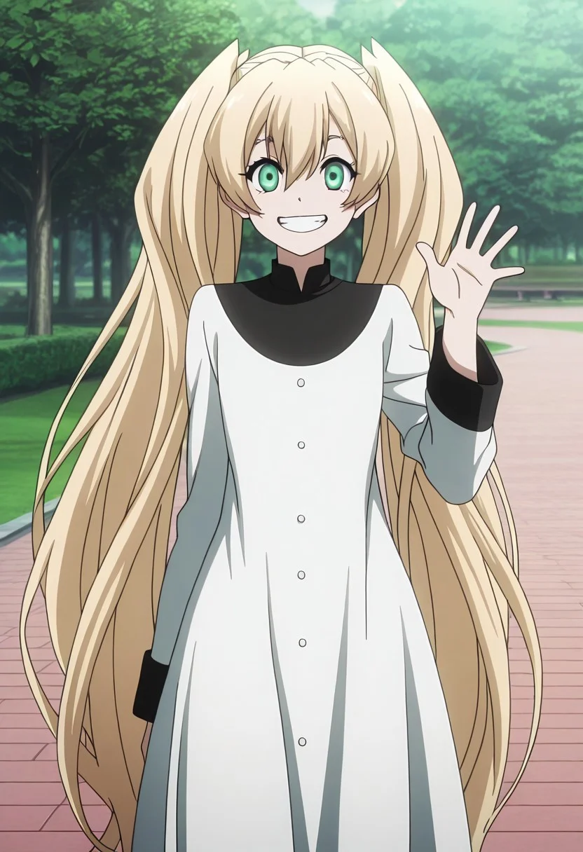 masterpiece,perfect quality,best quality,absolutely eye-catching,absurdres,highres,newest,anime coloring, anime screencap,(1girl,solo),White_KKS, very long hair, blonde hair, green eyes, twintails, white dress, standing, grin, waving, looking at viewer, park, sunny, outdoors,