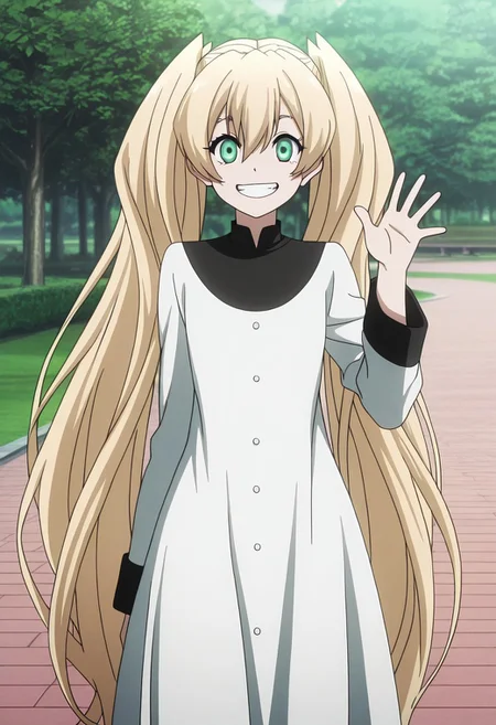 masterpiece,perfect quality,best quality,absolutely eye-catching,absurdres,highres,newest,anime coloring, anime screencap,(1girl,solo),White_KKS, very long hair, blonde hair, green eyes, twintails, white dress, standing, grin, waving, looking at viewer, park, sunny, outdoors,