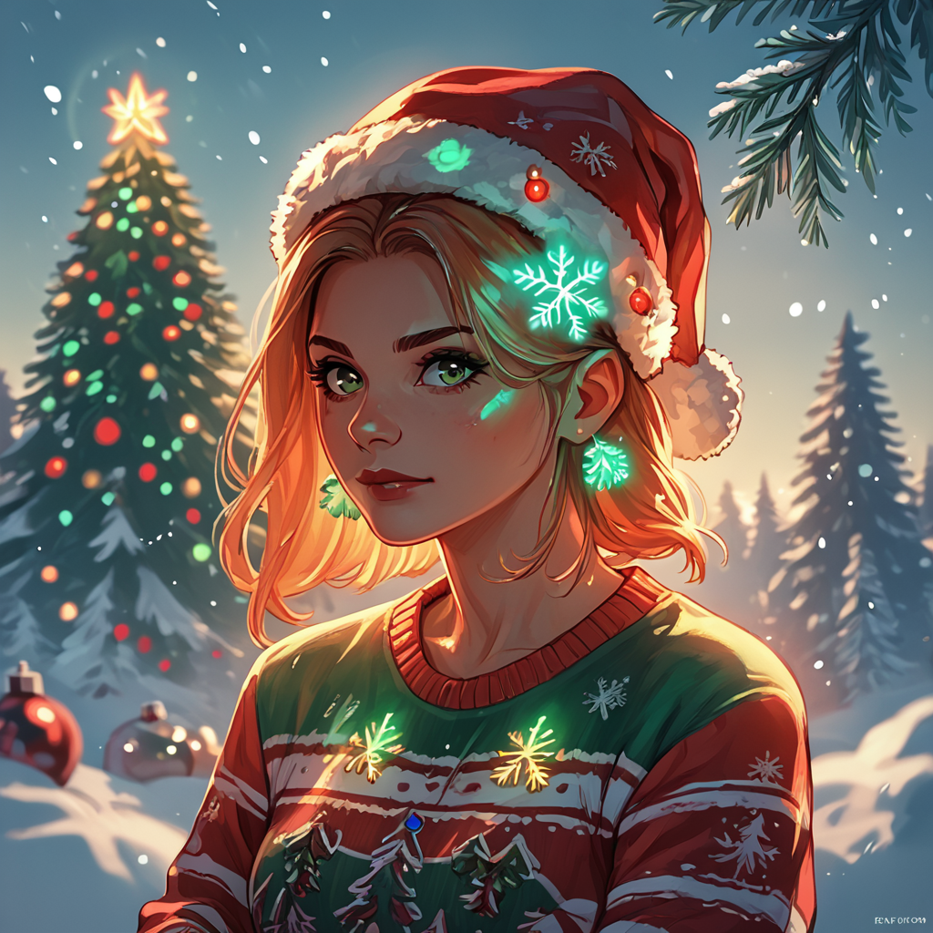 ,score_9,score_8_up,score_7_up,
1girl,solo,female focus,portrait,shirt,christmas hat,outside,snow,glow,pine tree,
, <lora:Xmas_style_2k24_pony:0.8>,