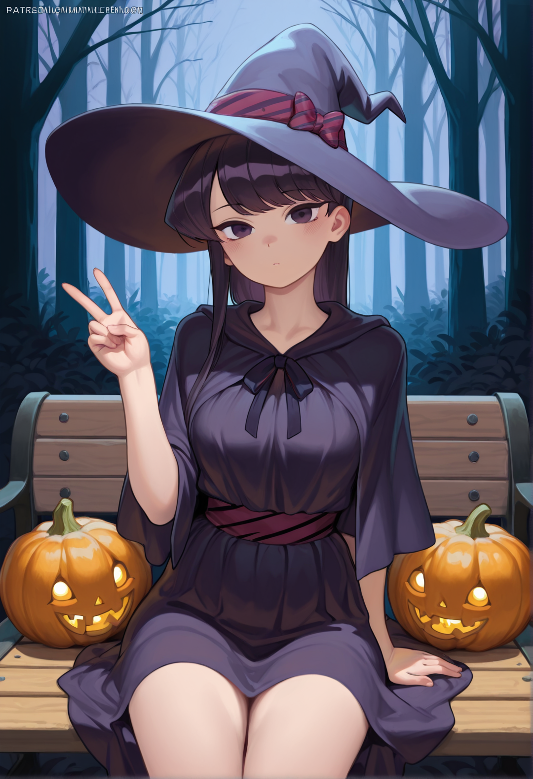komi shouko hyper detailed, masterpiece, best quality, finely detailed, intricate detailed, solo, 1girl, cute, adult, long hair, slim, sitting, bench, witch hat, witch clothes, v hand, cowboy shot, pose, pumpkins, dark forest,   <lora:Marmalade_Mum_Style_IL:1>