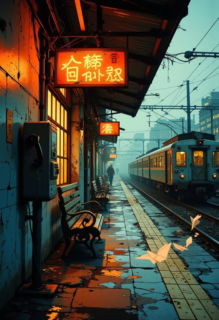 (Cinematic realism, soft glow, hazy atmosphere, muted yet rich colors) — A deserted train station at dusk, bathed in the dim orange glow of flickering neon signs. The platform is cracked, old departure boards frozen in time, their letters faded. A solitary payphone stands against a peeling blue wall, its receiver hanging loosely, swaying slightly as if someone had just left. A train car, long abandoned, rusted and overtaken by creeping vines, sits motionless on the tracks, its windows fogged with condensation. In the background, a soft drizzle blurs the distant city lights, casting a dreamlike haze over the quiet streets. A single paper crane, caught in a gentle breeze, drifts past, landing on the empty bench where someone once waited. The framing subtly pulls the viewer in, making them feel as if they just arrived too late for something that can’t be recovered.