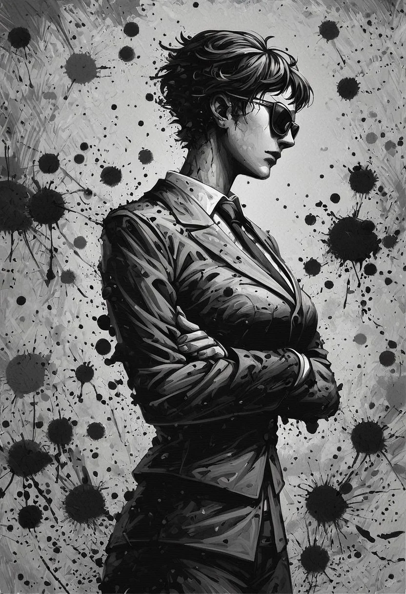 score_9, score_8_up, score_7_up, score_6_up, ink splats, monochrome, 1girl, business suit, black tie, sunglasses, very short hair, abstract background,crossed arms