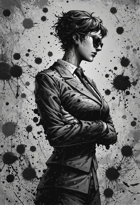 score_9, score_8_up, score_7_up, score_6_up, ink splats, monochrome, 1girl, business suit, black tie, sunglasses, very short hair, abstract background,crossed arms