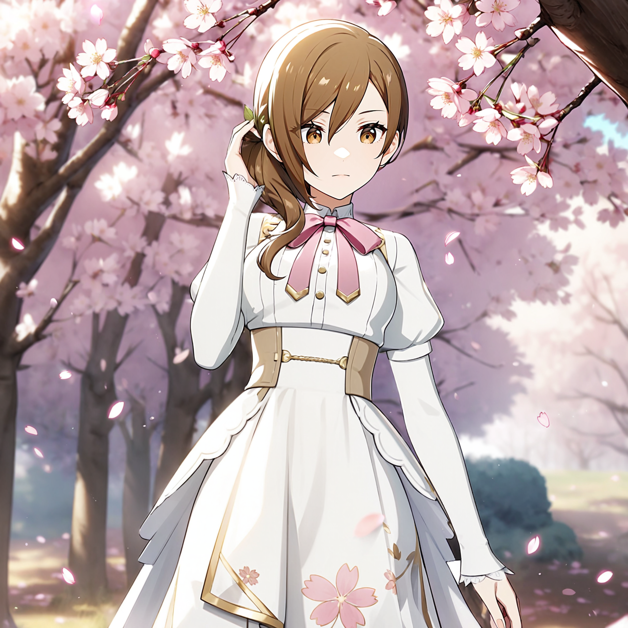 1girl, meiko \(vocaloid\), vocaloid, solo, masterpiece, very aesthetic, absurdres, official art,
protege papillon, asymmetrical hair, low single bun, braid bun, low side ponytail, hair over shoulder, brown hair, long hair, brown eyes,
(looking down:1.4), expressionless, standing, contrapposto, cowboy shot, view straight on, adjusting hair, BREAK
leaf hair ornament, 
white dress, hair ornament, floral print, bow, long sleeves, hair flower, puffy sleeves, side ponytail, pink bowtie, braid, bowtie, pink bow, ribbon, sleeves past wrists, white theme, white choker, white corset,
outdoors, nature, (under the cherry tree, cherry brahcn:1.4), burly background, (cherry blossom:1.2), (cherry blossom petals:1.4) , day, haze, warm light, 
 <lora:sdxl-vs-ProtegePapillon02:0.85:lbw=0,0,0.2,0.2,0,0.4,0.4,0,0.8,0.8,0,0,0,0.8,0.8,0.6,0.8,0.0,0.0,0.0,0,0,0,0,0,0
> <lora:hand 5.5:1>
