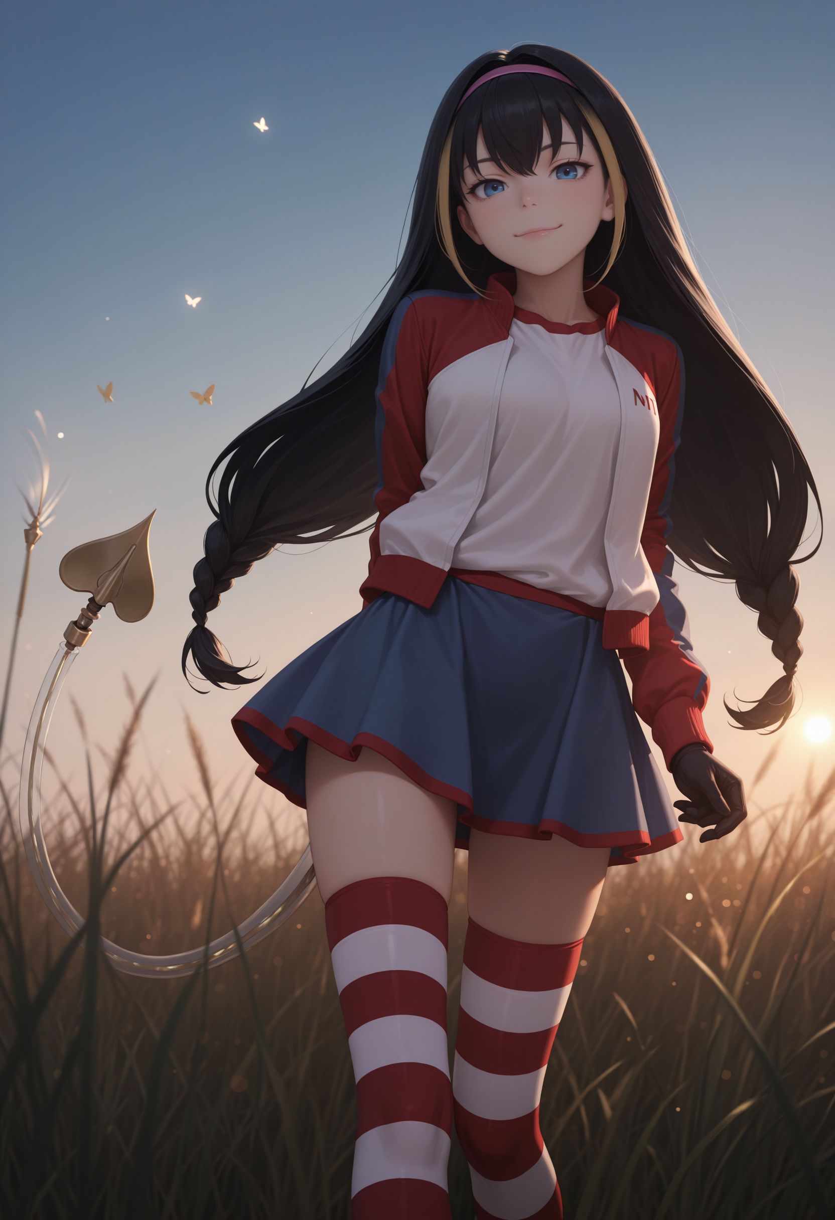 masterpiece,best quality,absurdres,highres,very aesthetic,high quality,detailed,insanely detailed,beautiful,perfect lighting, ,depth of field,blurry background,bokeh, looking at viewer, smile, grass, tall grass, blue sky, butterfly, standing
 <lora:Lessar illu:1> 1girl, black hair, multicolored hair, two-tone hair, long hair, twin braids, braid, pink hairband, blue eyes, jacket, multicolored clothes, striped clothes, black gloves, blue skirt, striped thighhighs, zettai ryouiki, mechanical tail, demon tail
