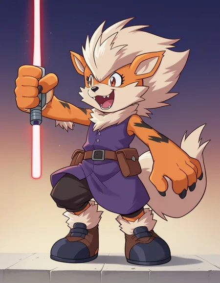 zPDXL, score_9, score_8_up, score_7_up, source_anime,
<lora:Digimon_v2-15:1> digimon, Arcanine, red fur, white hair, furry,, laughing, looking_to_the_side, jedi wearing a sleeveless Jedi robe,utility Jedi belt with pouches,lightweight leather boots, holocron,datapad, holding a lightsaber with purple blade,
