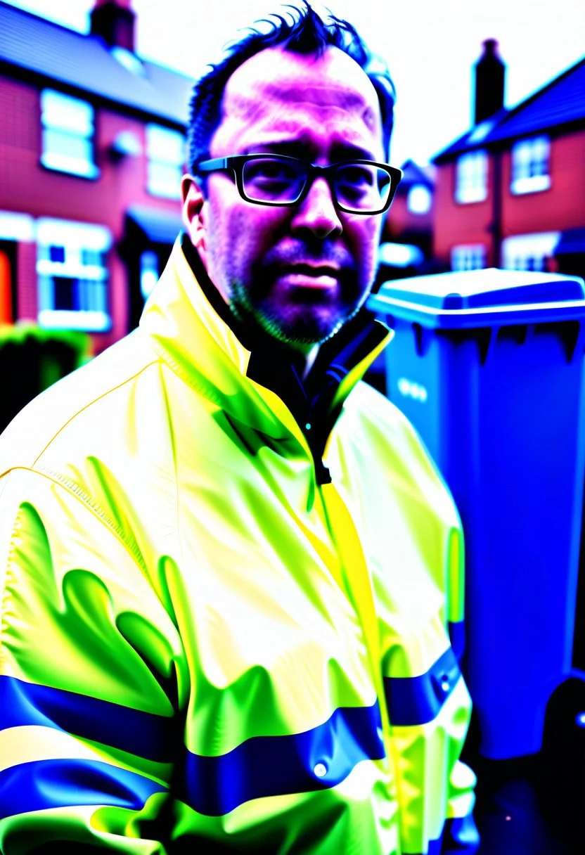 Very detailed, hi res
40 year old man, thickset, very short dark hair, miserable, haggard, stubble, wearing hi vis jacket, thick glasses, double-chin, jowls, clipboard, raining
standing by wheelie bins, big house with lawn and tall chimneys, small waste van, close-up
<lora:Bucksman:0.7>