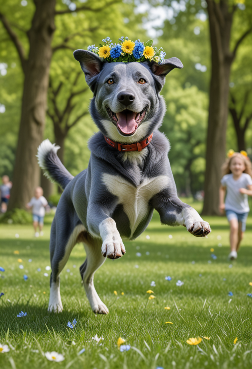 (medium full shot) of (energetic dog) with blue smooth coat, a flower crown, performing playing fetch, set in  a bustling park, with green grass, scattered trees, children playing, and dogs running around, during the day, Masterpiece,best quality, photo, realistic, very aesthetic,