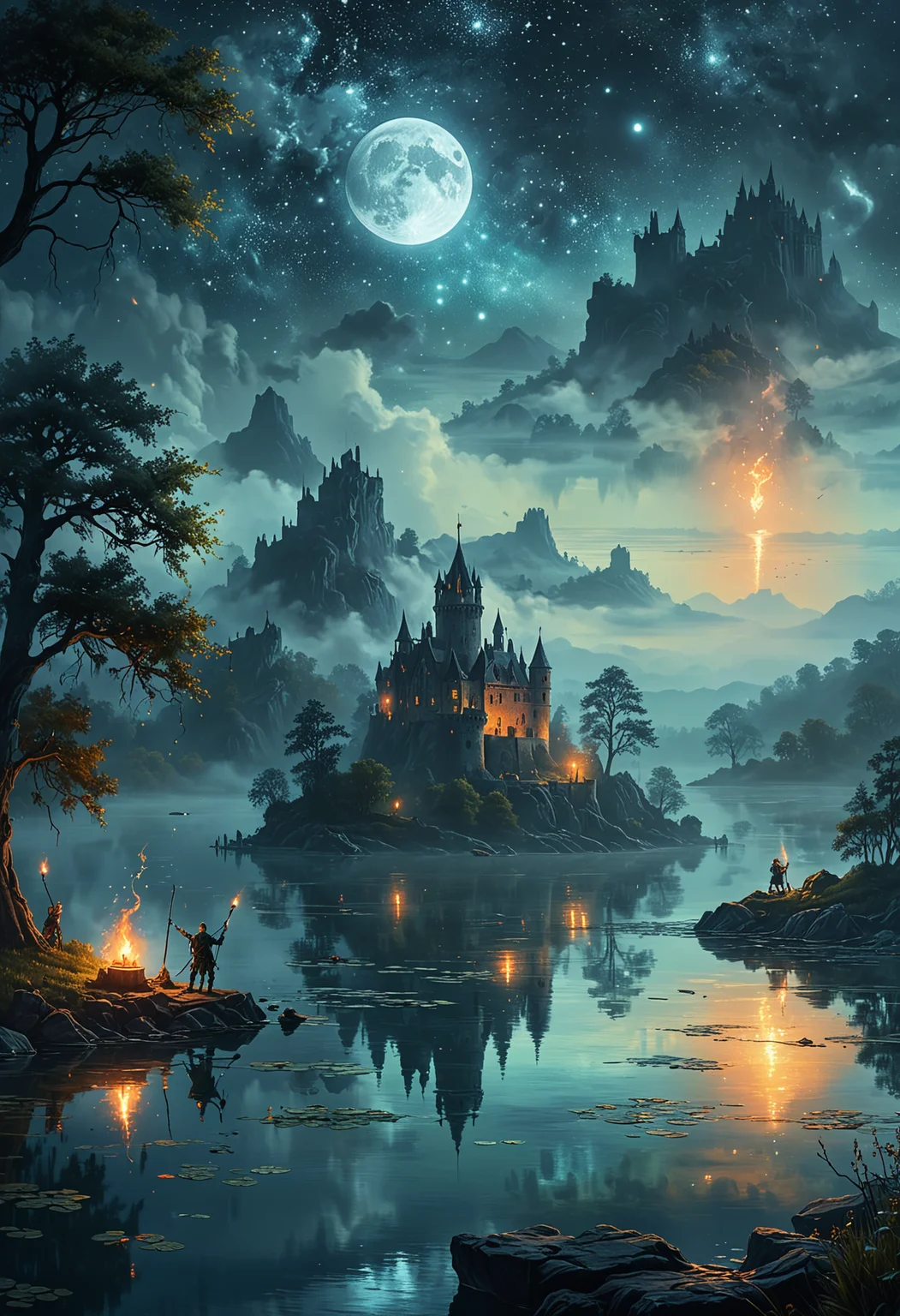A mystical scene at night, with a big quiet lake with a group of elves holding torches, a little island on the lake, old castle background, night sky with big moon, fog, stars, galaxies, Oil painting, (8k uhd:1,4)
<lora:add-detail-xl:1>
<lora:WildcardX-XL-Detail-Enhancer:1>
<lora:MJ52:0.375>
<lora:CinematicStyle_v1:0.42>