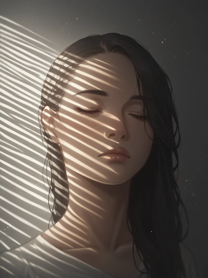 score_9, score_8_up, score_7_up, score_6_up, score_5_up, score_4_up, <lora:V3n3t14nXLP2:1> v3n3t14n, venetian blinds lighting, low light, dark room, lined lighting, long hair, 1girl, light particles, closed mouth, <lora:1dkXLP:0.3> 1dk, close-up, portrait