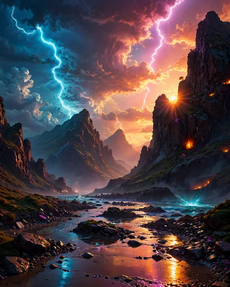[fantasy landscape:0.5|surreal landscape:0.8| Sci-fi landscape:1]
[an ancient mountain ridge, with weathered stones, fascinating carvings, a sense of history|Raging sea waves, stormy sky, lightning illuminating chaos ]
Scattered showers Weather,
a sunset cloudscape, with the sky painted in hues of orange and pink, clouds glowing softly as the day transitions to night,
Canyon reflected light bouncing,
Dry season cracked earth patterns,
Yardang wind-sculpted ridges,
Swamp with water flowing in Möbius loops,
,
,
Cyberpunk: (neon lights), (rain-soaked streets), (holographic UI elements), (futuristic decay) :cite[6],
fast autofocus, f/16, shutter speed 1/2 sec, iso3200, white balance fluorescent, exposure compensation    "+2.5 ev", manual shooting mode, framing, focus mode continuous, center-weighted metering,
(masterpiece:1.4), (intricate details:1.4), (hyperrealistic:1.3),(painting:0.9),(ultra detailed:1.4), (8k resolution:1.3), (sharp focus), (dramatic perspective:1.1), (chromatic aberration:0.3), (film grain:0.2),
<lora:cheeseDaddys_35:0.3>,
<lora:JuggerCineXL2:0.3>,
<lora:add-detail-xl:1.15>,
<lora:WildcardX-XL-Detail-Enhancer:0.4>,
<lora:sdxl_lightning_8step_lora:0.3>,
<lora:EnvyDramaticLightingXL02_photo:0.4>,
<lora:xl_more_art-full_v1:0.7>,
<lora:ClassipeintXL2.1:0.3>,
<lora:Flux-XL_Scenery:0.5> flux-scenery