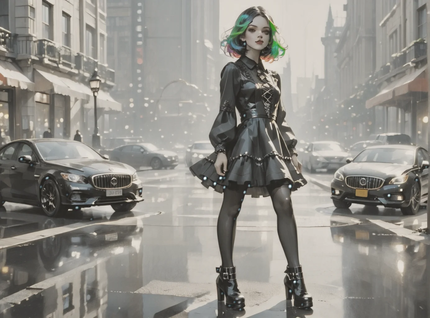 score_9, score_8_up, score_7_up, setting focus, character in foreground, establishing shot, 1girl, pale skin, medium breasts, <lora:sm0k3XLP:1>, <lora:goth_clothes:1>, goth dress, gothic, black dress, detailed dress, black high heeled shoes, neon hair color, two tone hair, <lora:Our_Muted_Future_Style:1>, <lora:lora:1> Fantasy Art Deco,