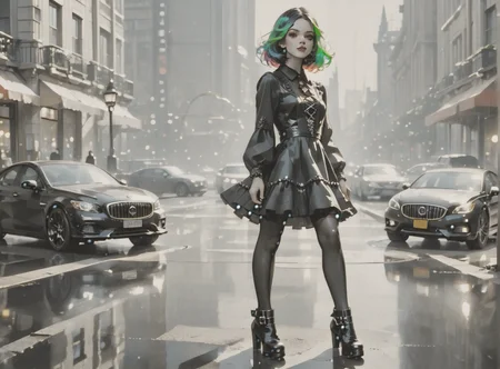 score_9, score_8_up, score_7_up, setting focus, character in foreground, establishing shot, 1girl, pale skin, medium breasts, <lora:sm0k3XLP:1>, <lora:goth_clothes:1>, goth dress, gothic, black dress, detailed dress, black high heeled shoes, neon hair color, two tone hair, <lora:Our_Muted_Future_Style:1>, <lora:lora:1> Fantasy Art Deco,