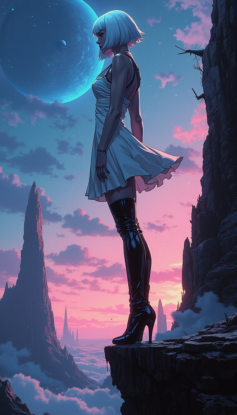  masterpiece, 4k, high quality, (best quality:1.1),
(A beautifully drawn contemporary illustration by Ryan Sook featuring a mysterious scene ).

The model has a striking, futuristic appearance with a sharp, angular white bob hairstyle. . . The lower half consists of sleek black leggings or pants, seamlessly transitioning into high-heeled boots, accentuating their tall, elongated stance. (super detailed, breath taking, best quality. Side view. Close up. an abandoned alien spaceport, a dark starry sky. Gloomy dark tones, dirty, dim light. .Zev Bellinger, a woman with light blue hair makes a long jump from the edge of the spacecraft. He looks at the flyer and screams. She is (fully dressed), wearing (a white one-piece short dress) and heavy black boots on her feet. wide hips. The skin is stained with machine oil, (hair and dress move freely in zero gravity). Dynamic posture, in motion, partially lubricated ends of legs and arms, expression. There's smoke all around. In the background, black mountains and remnants of space structures on the horizon, a pink sunrise gradient, a blue planet, white contrails of rockets in the sky. The depth of field, the composition of the frame according to the rules of the golden ratio, is cinematic, a masterpiece... ),  sense of control and mystery. . The print captures the moment of michiyuki (journey scene), where the spiritual and human worlds intersect, embodying the aesthetic principle of mono no aware (pathos of things). .
 
The palette includes deep blue and rich earth tones with subtle black and tulle details that add a modern touch The composition is intimately detailed and highly professional with smooth lines and sharp focus that bring out the intricate details in a vividly vibrant display that captures the essence of the best of contemporary illustration .


 An otherworldly atmosphere.
(Depth of field), low saturation,detail. mythp0rt, Stylish, charismatic. ,.
 
. 
  , dynamic pose
  

 
(Depth of field), low saturation,detail. mythp0rt, charismatic.

  

  
