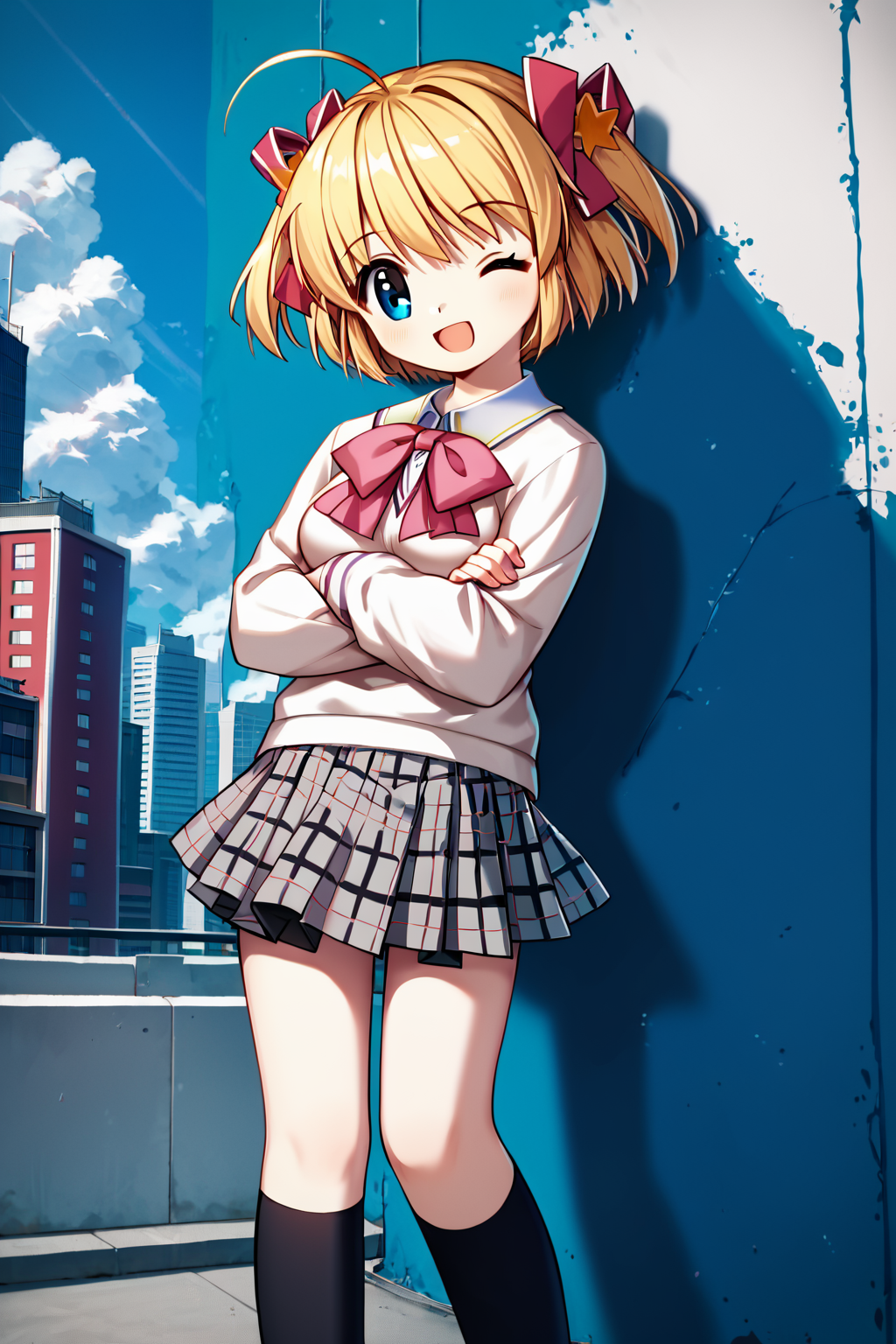 score_9, score_8_up, score_7_up, score_6_up, rating_safe, source_anime, best quality, masterpiece, detailed background, detailed eyes, city, leaning against wall, arms crossed, <lora:kamikita-komari-xl:1>, kamikita komari, cream sweater, pleated grey plaid skirt, black socks, two side up, ahoge, smile, open mouth, medium breasts, brown shoes, long red ribbon star hair ornaments, light blonde hair, pink bow, wink