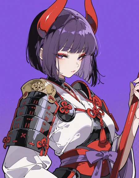 masterpiece, best quality, 1girl, bob cut, red horns, purple eyes, simple background, purple background, holding polearm, japanese clothes, eyelashes, shoulder armor, japanese armor, makeup, looking at viewer, yari, half-closed eyes, <lora:kafu Illustrious-XL:0.5> houtushouhuifengge, <lora:z3zz4_075:0.8>, color halftone, watercolor background,