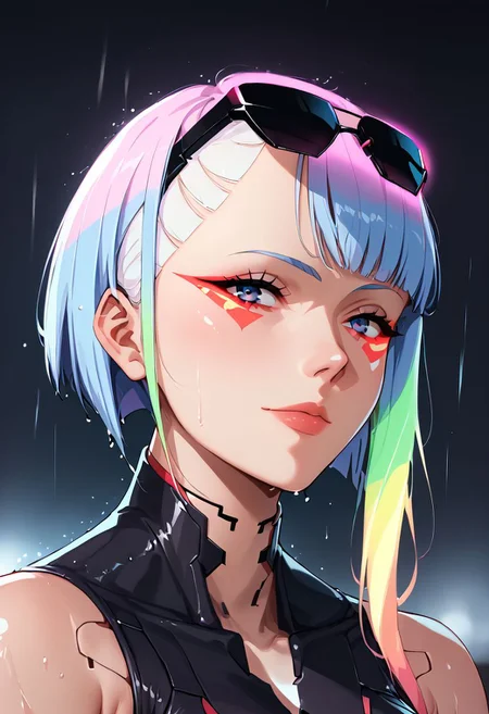 score_9, score_8_up, score_7_up, source_anime, portrait, depth of field, 1girl, lucy \(cyberpunk\), short hair, bangs, glowing neon multicolored hair, multicolored eyes, red eyeliner, glowing neon makeup, bare shoulders, black belt, bodysuit, white open jacket, looking at viewer, light smile, glowing neon aviator sunglasses, n30n, neon lights, rain, xenotr1p, noir, cyberpunk,