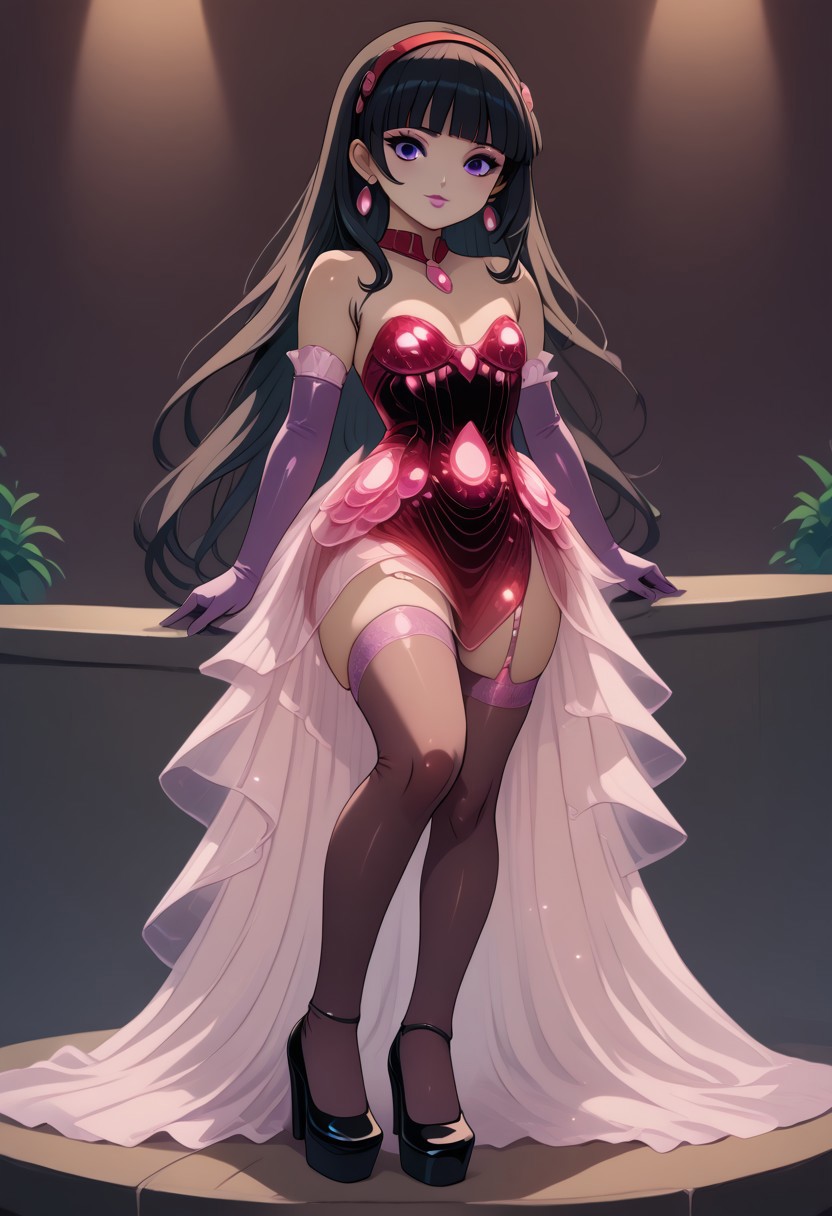 score_9, score_8_up, score_7_up, source_anime, uncensored, best quality, ((masterpiece)), 4k, absurdres, retro style,, nightclub, fullbody, ((handbag)), small body, Futanari, thin legs, round tip, <lora:long_eyelash:0.3>, long eyelashes, ultra detailed eyes, beautiful eyes, bright eyes, faint lips, very large hoop earrings, nsfw, cute smile, gold bracelets, gold anklets, saturated colors, high contrast, sultry, (sexy), ((pantyhose)), pantyhoses, streaked hair, flat chest, gyaru gal, makeup, long eyelashes, glossy lipstick, mascara, blush, eyeshadow, jewel necklace, rich girl, sparkles, (glittering pastel clothing, glossy sparkling fabric), sharp focus, (((high heels, platform mary janes))), ((stockings, gaterbelt, tight dress, tight shirt)), bioluminescent, j3ss1c4r4bb1tdr3ss, cleavage, elbow gloves, long red glitter dress,side slit,strapless dress, red dress, purple gloves,
(((1girl, daidouji tomoyo, black hair, long hair, blunt bangs, hairband, long hair, purple eyes)))