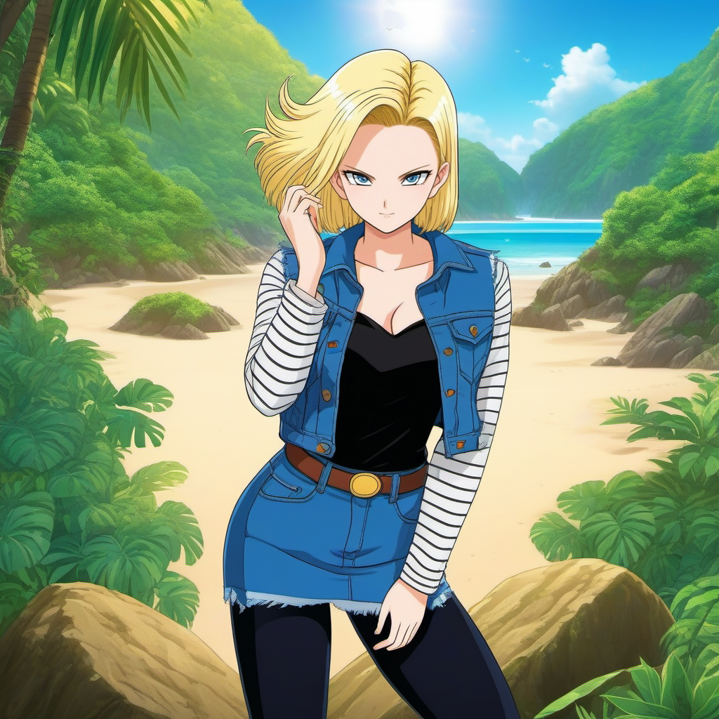 anime artwork a blond woman wears a jean jacket, black tights, a jean miniskirt, beach jungle, touches her hair <lora:Android18-1024:0.8> . anime style, key visual, vibrant, studio anime,  highly detailed