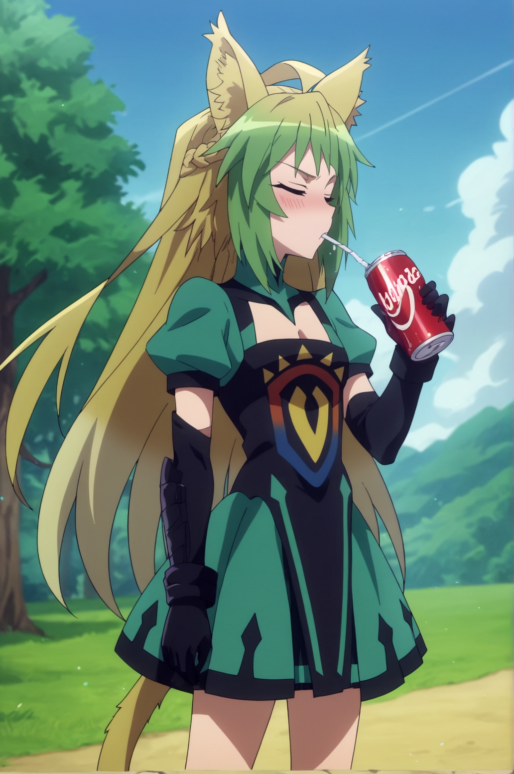 score_9, score_8_up, score_7_up,anime_source, source_anime, best background, detailed background, anime screencap,  Atalanta, Main Outfit, black elbow gloves, outdoors, blue sky,  drinking soda can, cowboy shot blush, <lora:JN_Atalanta:0.8>