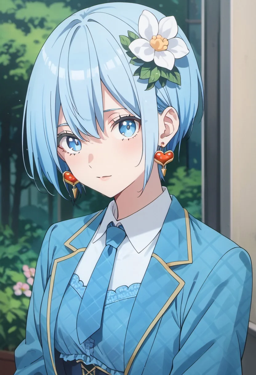 score_9, score_8_up, score_7_up, source_anime,nonoa, short hair, blue eyes, blue hair, 1girl, solo, hair ornament, flower, blue necktie, necktie, hair flower, earrings, jewelry, looking at viewer, jacket, shirt