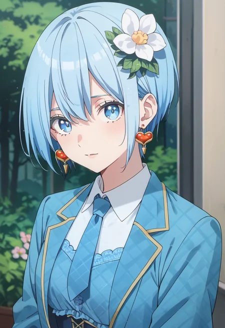 score_9, score_8_up, score_7_up, source_anime,nonoa, short hair, blue eyes, blue hair, 1girl, solo, hair ornament, flower, blue necktie, necktie, hair flower, earrings, jewelry, looking at viewer, jacket, shirt