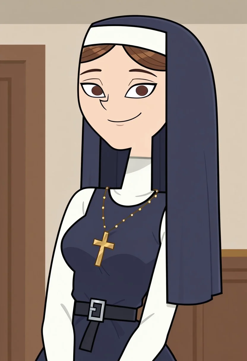 score_9,score_8_up,score_7_up, 1girl, solo, Isabel_DC_IL, fair skin, brown hair, straight hair, dark brown eyes, dark prussian blue nun veil, white nun coif, golden cross necklace, black belt, square buckle, dark prussian blue nun tunic, looking at viewer, indoors, room background, (portrait) standing, smile