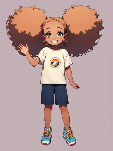 score_6_up, score_7_up, score_8_up, score_9, masterpiece, perfect face, perfect hands, high quality,(1girl, solo,)  child, full body, <lora:Jazmine_Dubiois_Boondocks_for_PonyXL:1> jazmine_dubois, dark skin, flat chest, twintails, long hair, big hair, happy, smile, waving,