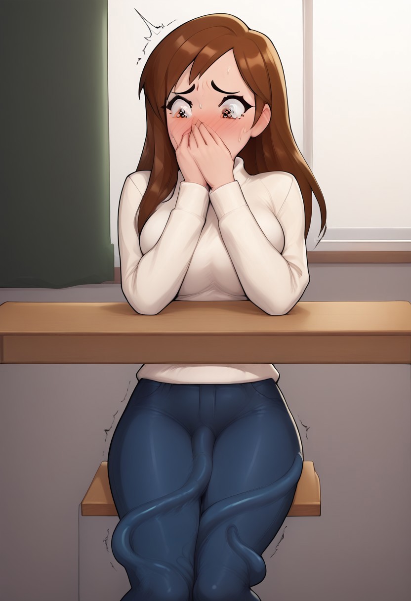score_9, score_8_up, score_7_up, snapshot, 1girl, solo, t3n74cl3s_cl07h3s, classroom, a girl with tentacle under her clothes, stealth tentacles, sitting at desk, 1girl, clothed girl, blue jeans, white sweater, nervous, worried, sweating, wince, covering mouth with one hand, brown hair, long hair, breast tentacle, looking away, looking to the side, leg tentacle, blush, cold breath, trembling, quivering, embarrassed, stammering, waist tentacle, t3nt_p3n3t, hands on desk, legs together, perfect face, masterpiece,