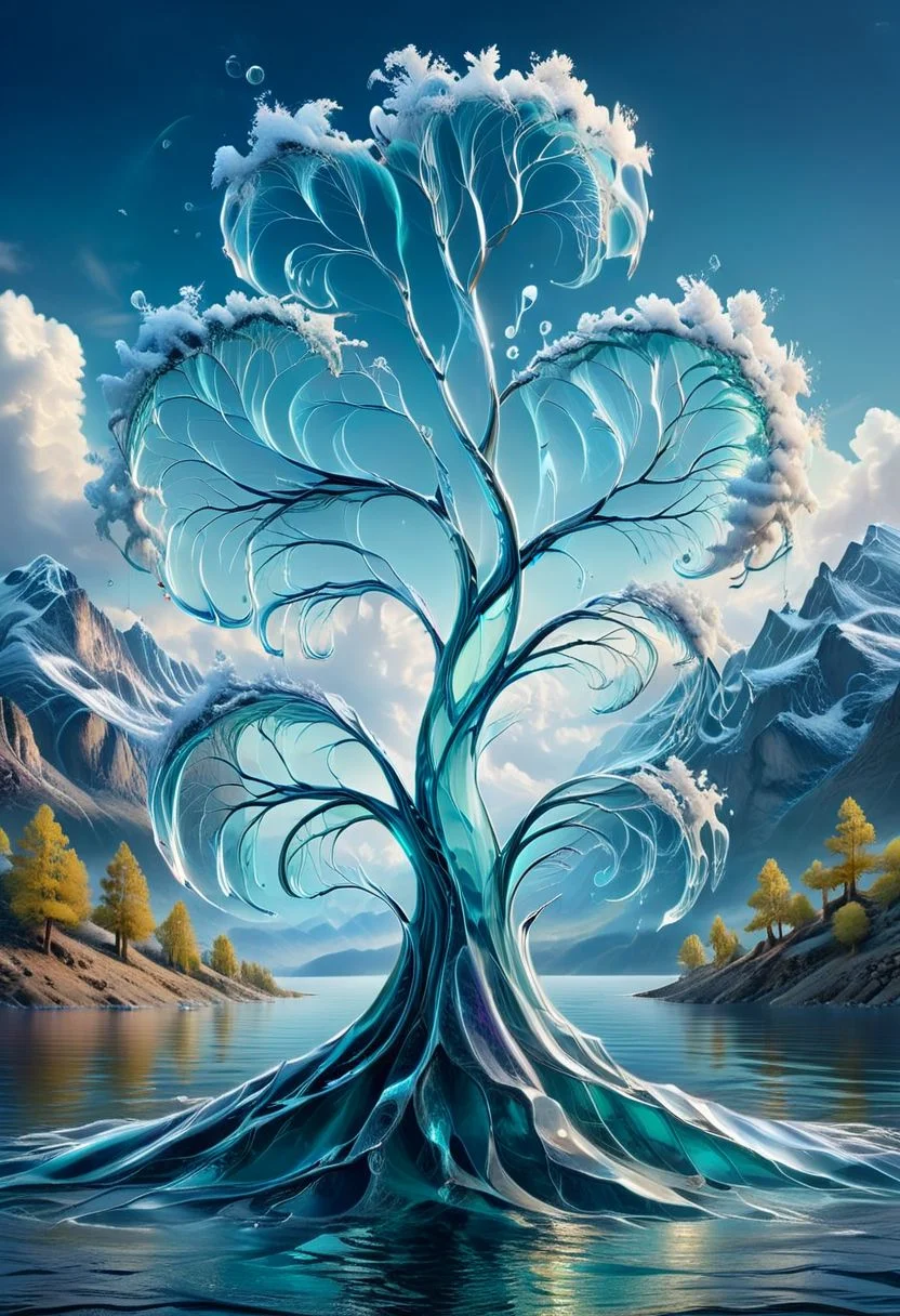 UHD, masterpiece, high quality, extremely details, intricate details, sharp focus, realistic, OverallDetailXL, hyperkraximalism ,
a tree made of water ,ais-wvs, lake surrounded by mountains,