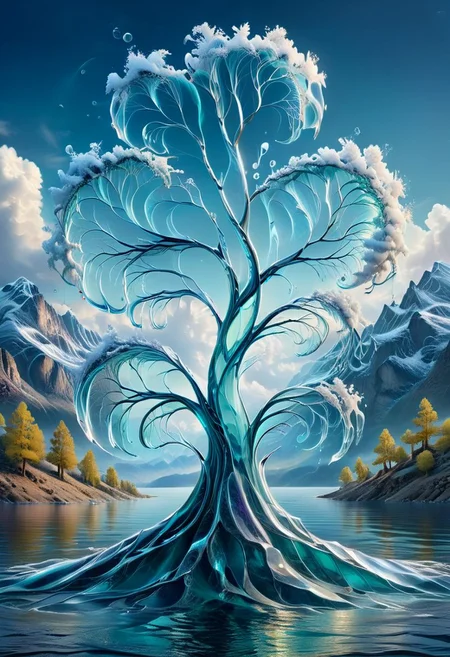 UHD, masterpiece, high quality, extremely details, intricate details, sharp focus, realistic, OverallDetailXL, hyperkraximalism ,
a tree made of water ,ais-wvs, lake surrounded by mountains,